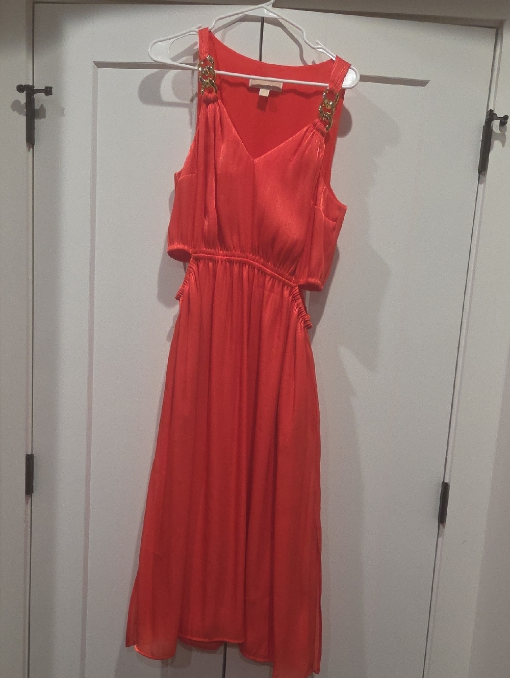 Michael Kors Coral Orange   Dress with Gold Chain Straps and Side Cut Outs